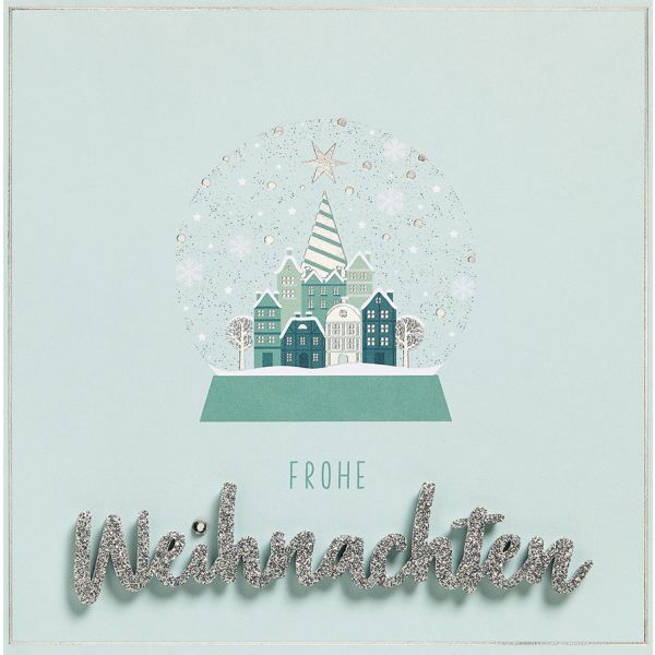 Weihnachten Lettering Glückwunschkarte 15 x 15 cm mit Umschlag Frohe Weihnachten Schneekugel