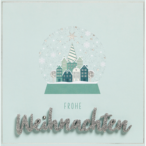 Weihnachten Lettering Glückwunschkarte 15 x 15 cm mit Umschlag Frohe Weihnachten Schneekugel