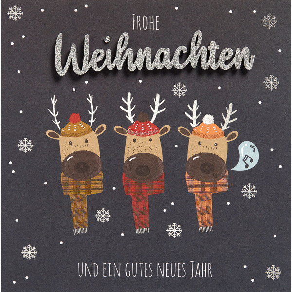 Weihnachten Lettering Glückwunschkarte 15 x 15 cm mit Umschlag Frohe Weihnachten 3 Rentiere