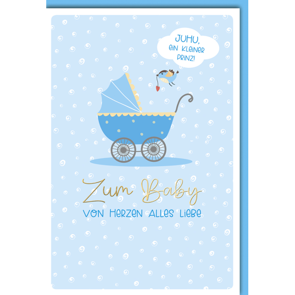 Geburt Baby Freudiges Ereignis Karte mit Umschlag Kinderwagen Prinz