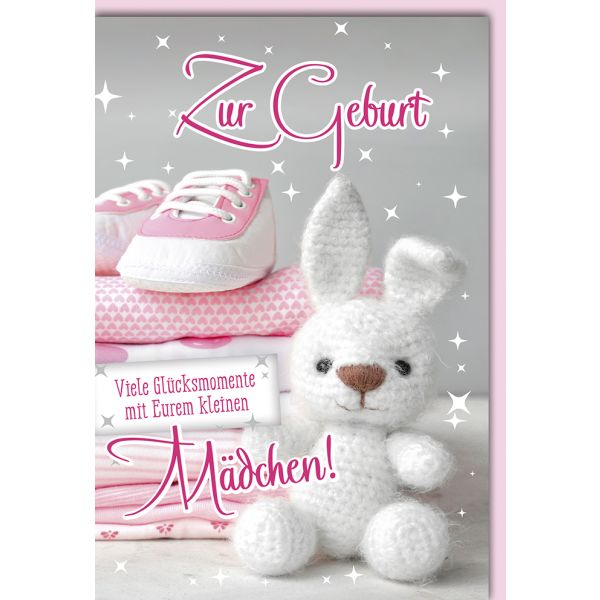 Geburt Baby Freudiges Ereignis Karte mit Umschlag Hase gestrickt, Mädchen