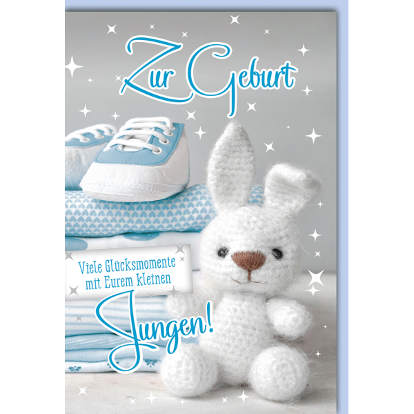 Geburt Baby Freudiges Ereignis Karte mit Umschlag Hase gestrickt, Junge