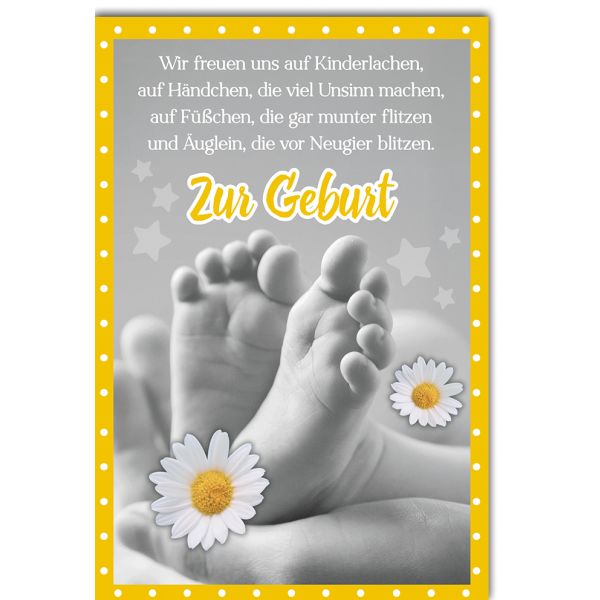 Geburt Baby Freudiges Ereignis Karte mit Umschlag Babyfüßchen Gänseblümchen schwarz/weiß