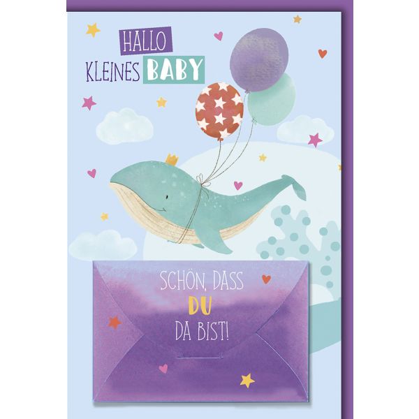 Geburt Baby Freudiges Ereignis Geldkarte Karte mit Umschlag Wal mit Luftballons