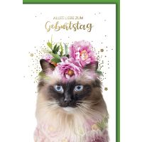 Geburtstag Glückwunschkarte Katze mit Blumen