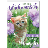 Geburtstag Glückwunschkarte Katze in lila Blumen