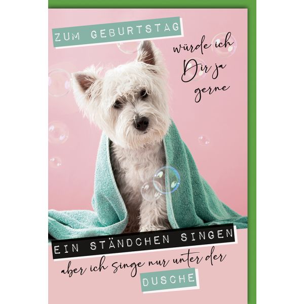 Geburtstag Glückwunschkarte weißer Hund, Seifenblasen
