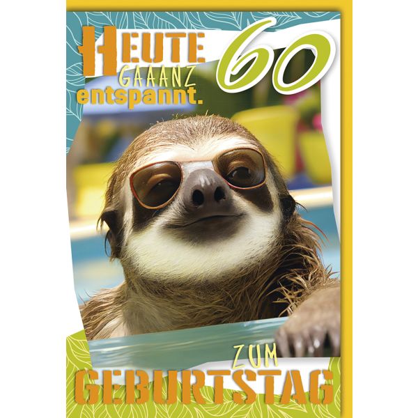 60. Geburtstag Karte mit Umschlag Faultier entspannt