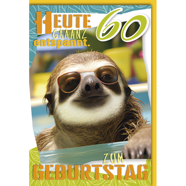 60. Geburtstag Karte mit Umschlag Faultier entspannt