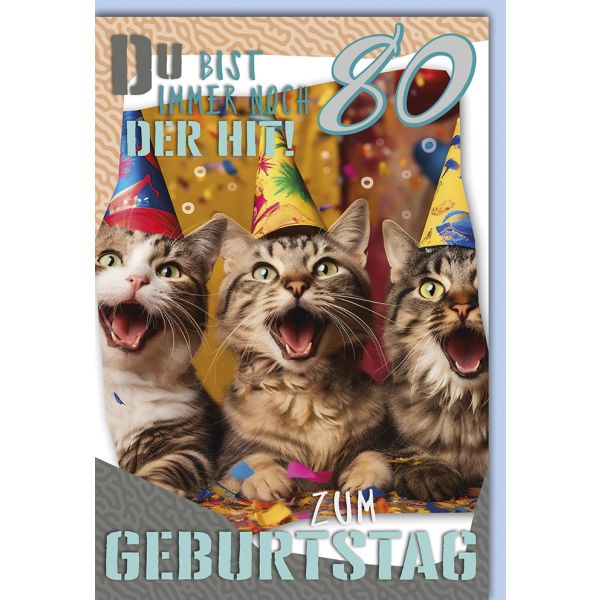 80. Geburtstag Karte mit Umschlag singende Katzen
