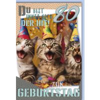 80. Geburtstag Karte mit Umschlag singende Katzen