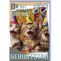 80. Geburtstag Karte mit Umschlag singende Katzen