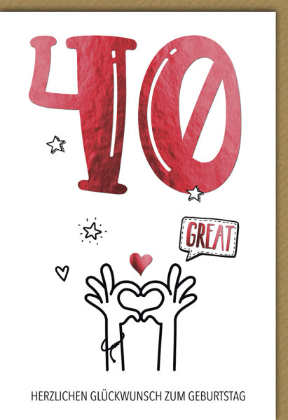 40. Geburtstag - Karte mit Umschlag - Herzzeichen