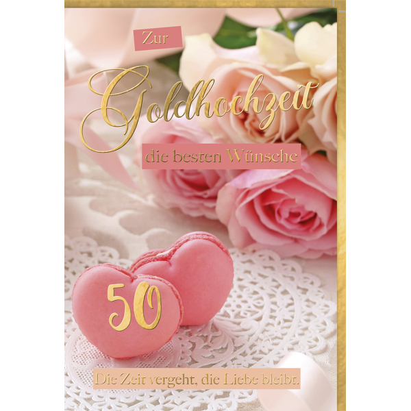 A Goldhochzeit Glückwunschkarte mit Umschlag Macarons Rosen Herzen