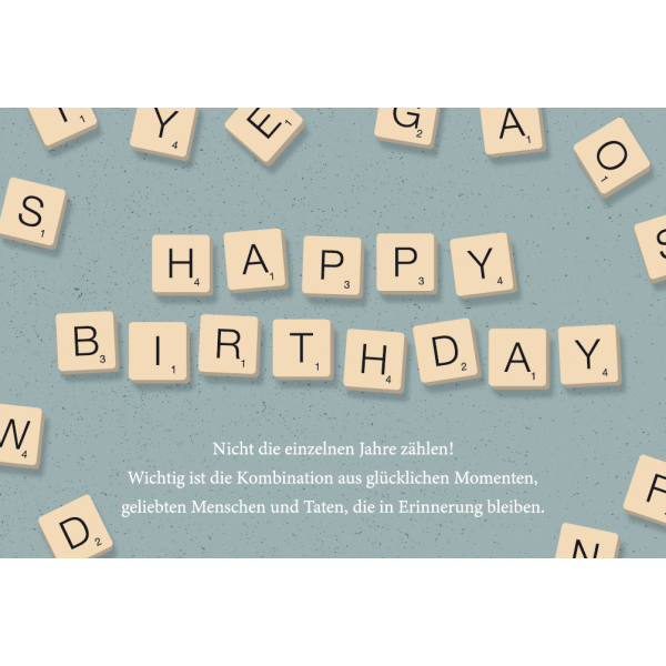 Geburtstag plastikfreie Verpackung Happy Birthday Glückwunschkarte im Format 11,5 x 17 cm mit Briefumschlag – Scrabblesteine – Happy Birthday