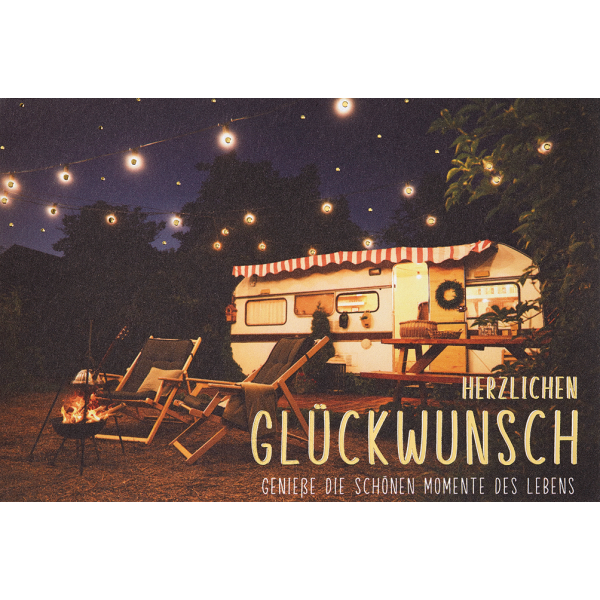 Geburtstag – plastikfreie Verpackung - Glückwunschkarte im Format 11,5 x 17 cm mit Briefumschlag – Wohnwagen – Herzlichen Glückwunsch