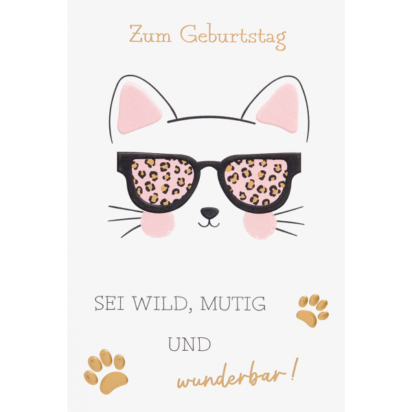 Geburtstag – plastikfreie Verpackung - Glückwunschkarte im Format 11,5 x 17 cm mit Briefumschlag – Katze mit Sonnenbrille – Zum Geburtstag