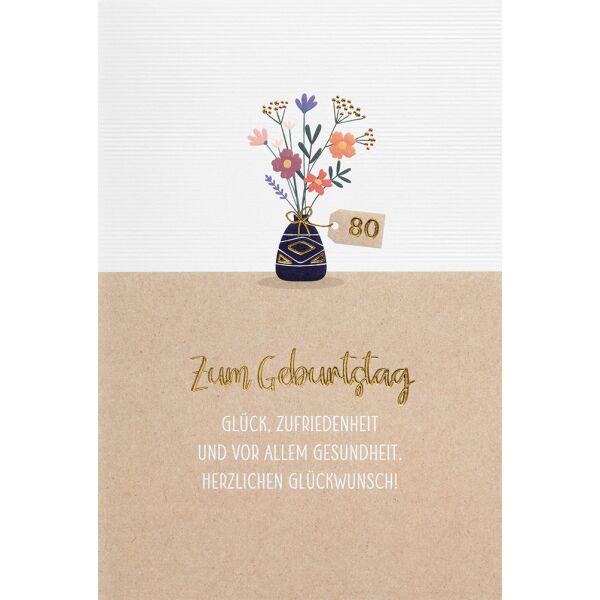 80. Geburtstag  unverpackte Glückwunschkarte mit Umschlag 80 Blumen Glück