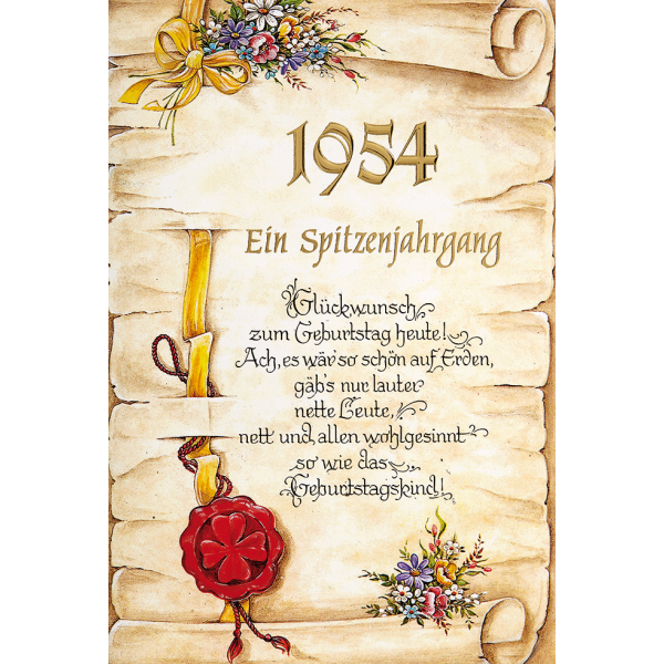 72. Geburtstag Jahrgang 1954  Glückwunschkarte mit Briefumschlag und Innentext 1954 ein Spitzenjahrgang