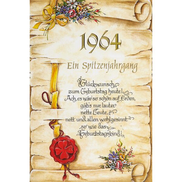 62. Geburtstag Jahrgang 1964  Glückwunschkarte mit Briefumschlag und Innentext 1964 ein Spitzenjahrgang