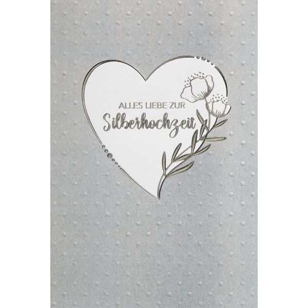 Silberhochzeit - plastikfreie Verpackung -  Glückwunschkarte im Format 11,5 x 17 cm mit Briefumschlag – Herz – Alles Liebe zur Silberhochzeit