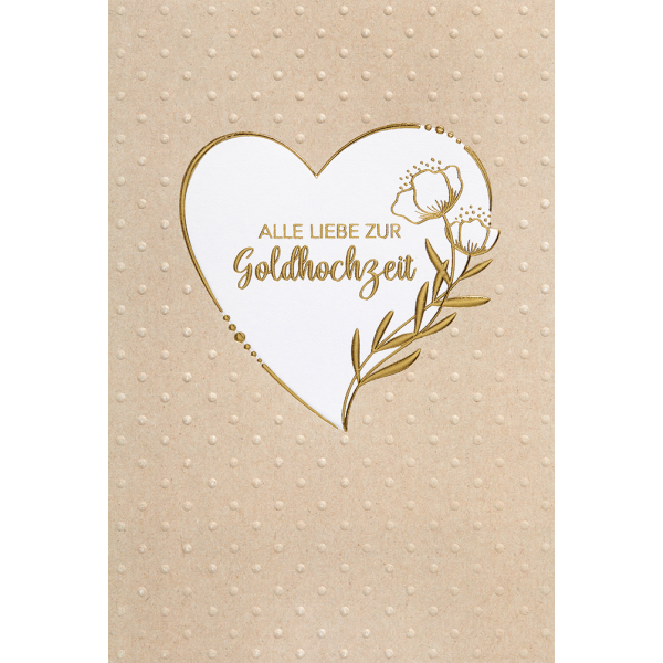 Goldhochzeit - plastikfreie Verpackung -  Glückwunschkarte im Format 11,5 x 17 cm mit Briefumschlag – Herz – Alles Liebe zur Goldhochzeit