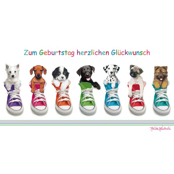 Geburtstag Glückwunschkarte 11,5 x 22 cm mit Umschlag – Hunde Welpen in Schuhen Sneaker