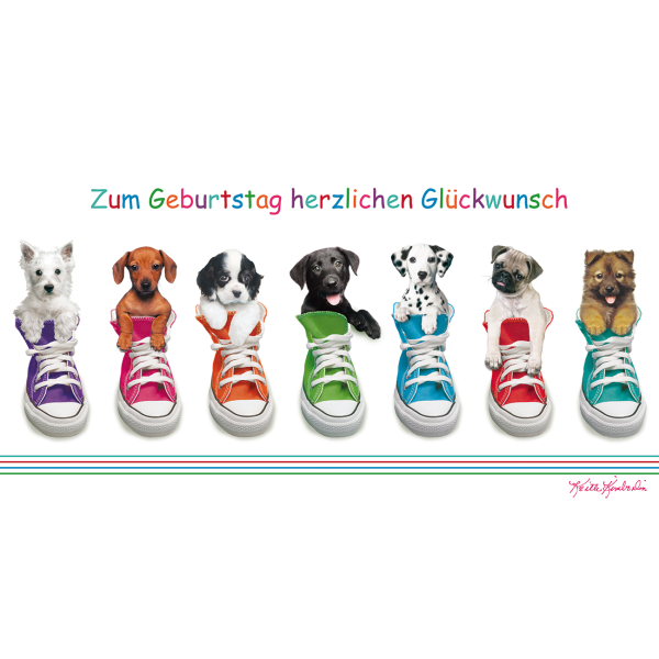 Geburtstag Glückwunschkarte 11,5 x 22 cm mit Umschlag – Hunde Welpen in Schuhen Sneaker