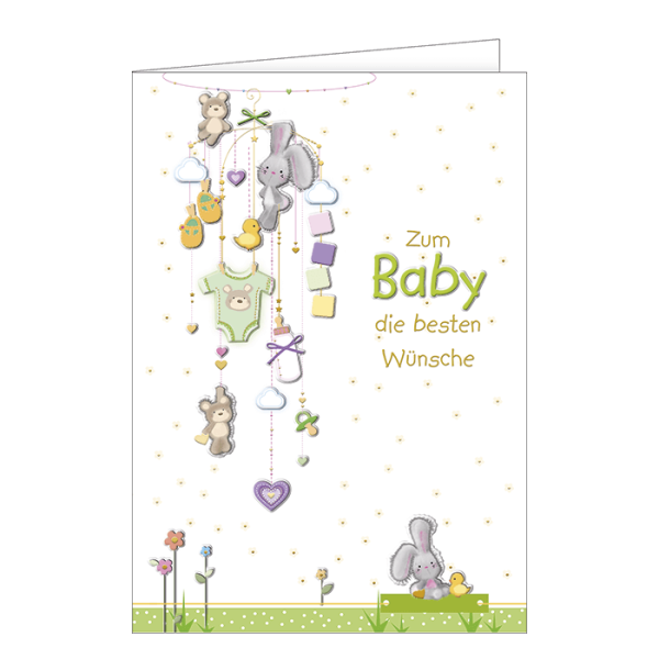Geburt – Baby – Freudiges Ereignis - A4 Glückwunschkarte - Stofftiere am Mobile - Zum Baby die besten Wünsche