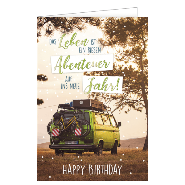 Geburtstag  Karte mit Briefumschlag Campingbus unter Baum "Das Leben ist ein Riesen Abenteuer. Auf ins neue Jahr"