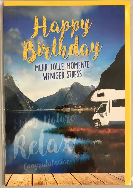 Geburtstag – Wohnwagen an See – "Happy Birthday" Karte mit Briefumschlag