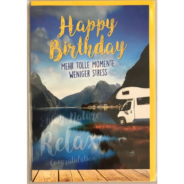Geburtstag – Wohnwagen an See – "Happy Birthday" Karte mit Briefumschlag