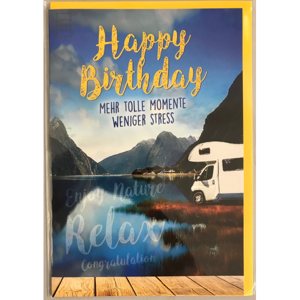 Geburtstag – Wohnwagen an See – "Happy Birthday" Karte mit Briefumschlag