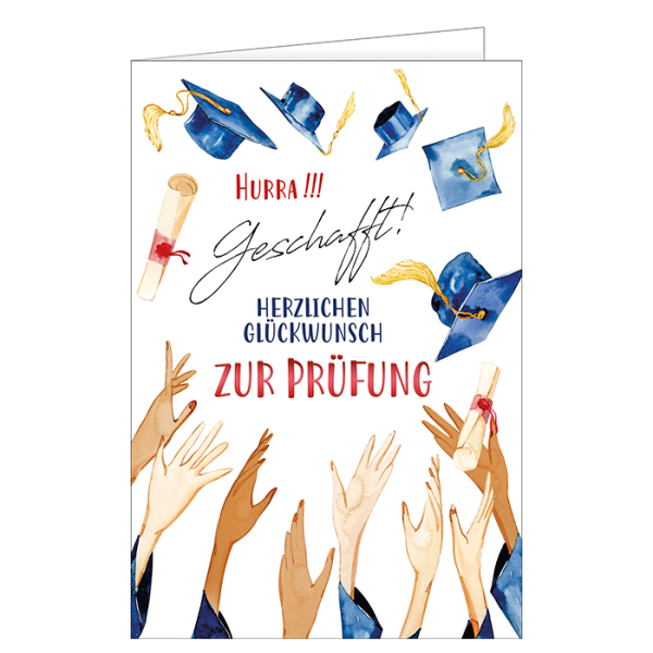 Prüfung – fliegende Absolventenhüte – "Hurra!! Geschafft! Herzlichen Glückwunsch zur Prüfung" Karte mit Briefumschlag