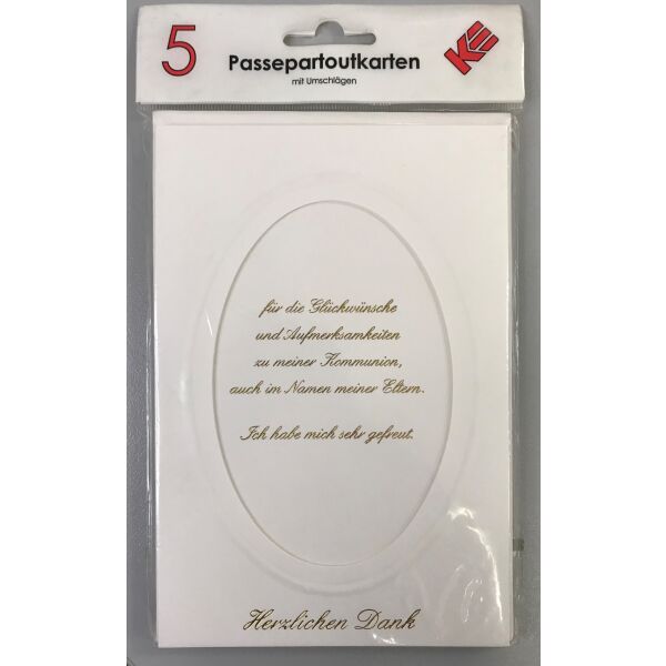 Danksagungskarten zur Kommunion - Passepartout - Format 11,5 x15cm - 5er-Set - 5 Stück im Topper mit Briefumschlägen