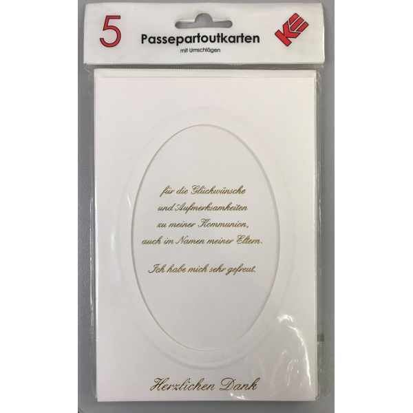 Danksagungskarten zur Kommunion - Passepartout - Format 11,5 x15cm - 5er-Set - 5 Stück im Topper mit Briefumschlägen