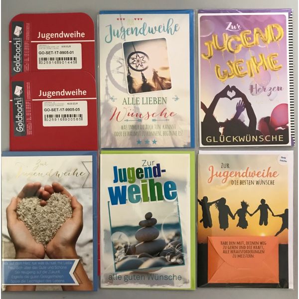 Jugendweihe - 25 Glückwunschkarten im Sortiment - UVP ca. € 62,50 - 5 Dekore á 5 Karten - Format: 11,5x17cm - mit Briefumschlägen