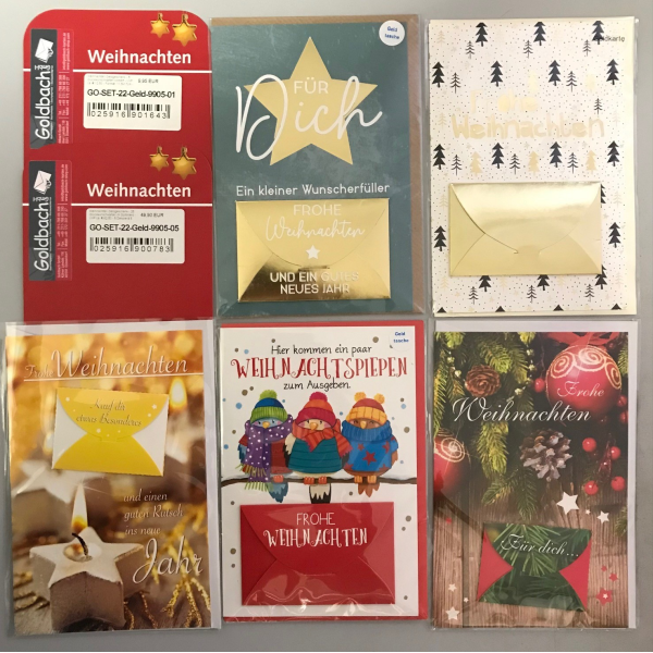 Weihnachten Geldgeschenk - 25 Glückwunschkarten im Sortiment - UVP ca. € 72,50 - 5 Dekore á 5 Karten - Format: 11,5x17cm - mit Briefumschlägen