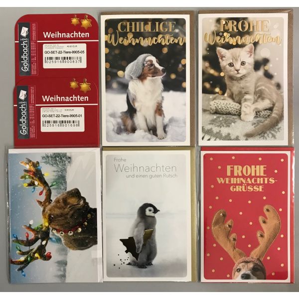 Weihnachten Tiere - 5 Glückwunschkarten sortiert - UVP ca. € 12,50 - Format: 11,5x17cm - mit Briefumschlägen