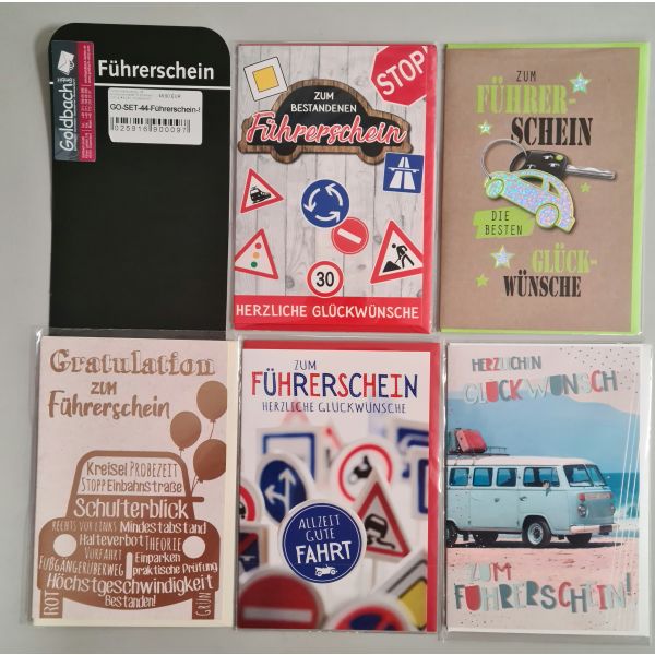 Führerscheinprüfung - 5 Glückwunschkarten im Sortiment - UVP ca. € 12,50 - 5 Dekore á 1 Karte - Format: 11,5x17cm - mit Briefumschlägen