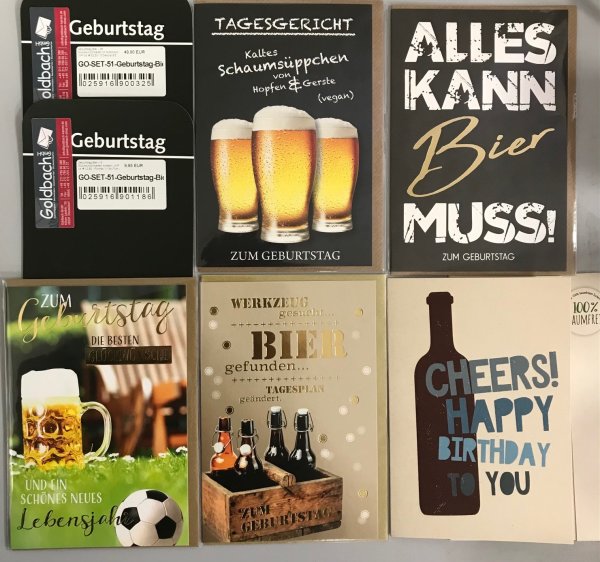 Geburtstag Bier - 25 Glückwunschkarten im Sortiment - UVP ca. € 62,50 - 5 Dekore á 5 Karten - Format: 11,5x17cm - mit Briefumschlägen