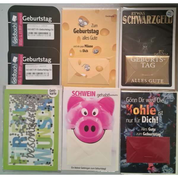 Geburtstag Geldkarten - 25 Glückwunschkarten im Sortiment - UVP ca. € 79,95 - 5 Dekore á 5 Karten - Format: 11,5x17cm - mit Briefumschlägen