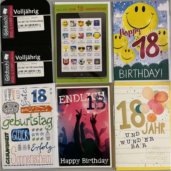 18.Geburtstag - 25 Glückwunschkarten im Sortiment - UVP ca. € 62,50 - 5 Dekore á 5 Karten - Format: 11,5x17cm - mit Briefumschlägen
