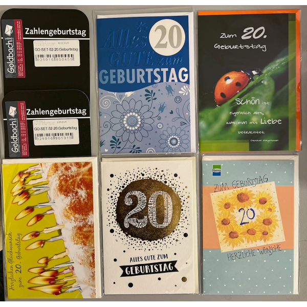 20.Geburtstag - 5 Glückwunschkarten sortiert - UVP ca. € 12,50 - Format: 11,5x17cm - mit Briefumschlägen