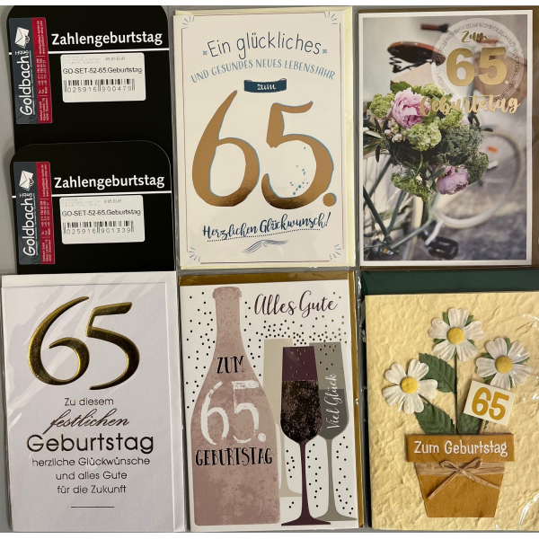 65.Geburtstag - 5 Glückwunschkarten sortiert - UVP ca. € 12,50 - Format: 11,5x17cm - mit Briefumschlägen