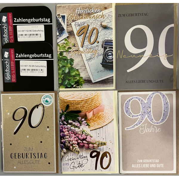 90.Geburtstag - 5 Glückwunschkarten sortiert - UVP ca. € 12,50 - Format: 11,5x17cm - mit Briefumschlägen