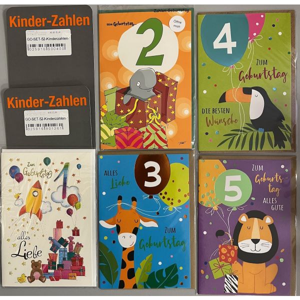 Kinderzahlen - 25 Glückwunschkarten im Sortiment - UVP ca. € 62,50 - 5 Dekore á 5 Karten - Format: 11,5x17cm - mit Briefumschlägen