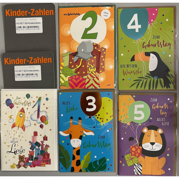 Kinderzahlen - 25 Glückwunschkarten im Sortiment - UVP ca. € 62,50 - 5 Dekore á 5 Karten - Format: 11,5x17cm - mit Briefumschlägen