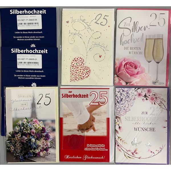 Silberhochzeit - 25 Glückwunschkarten im Sortiment - UVP ca. € 62,50 - 5 Dekore á 5 Karten - Format: 11,5x17cm - mit Briefumschlägen