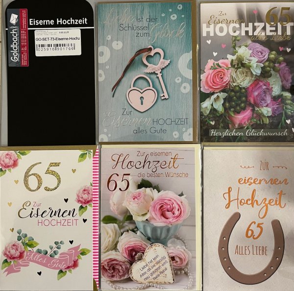 Eiserne Hochzeit - 5 Glückwunschkarten sortiert - UVP ca. € 12,50 - Format: 11,5x17cm - mit Briefumschlägen